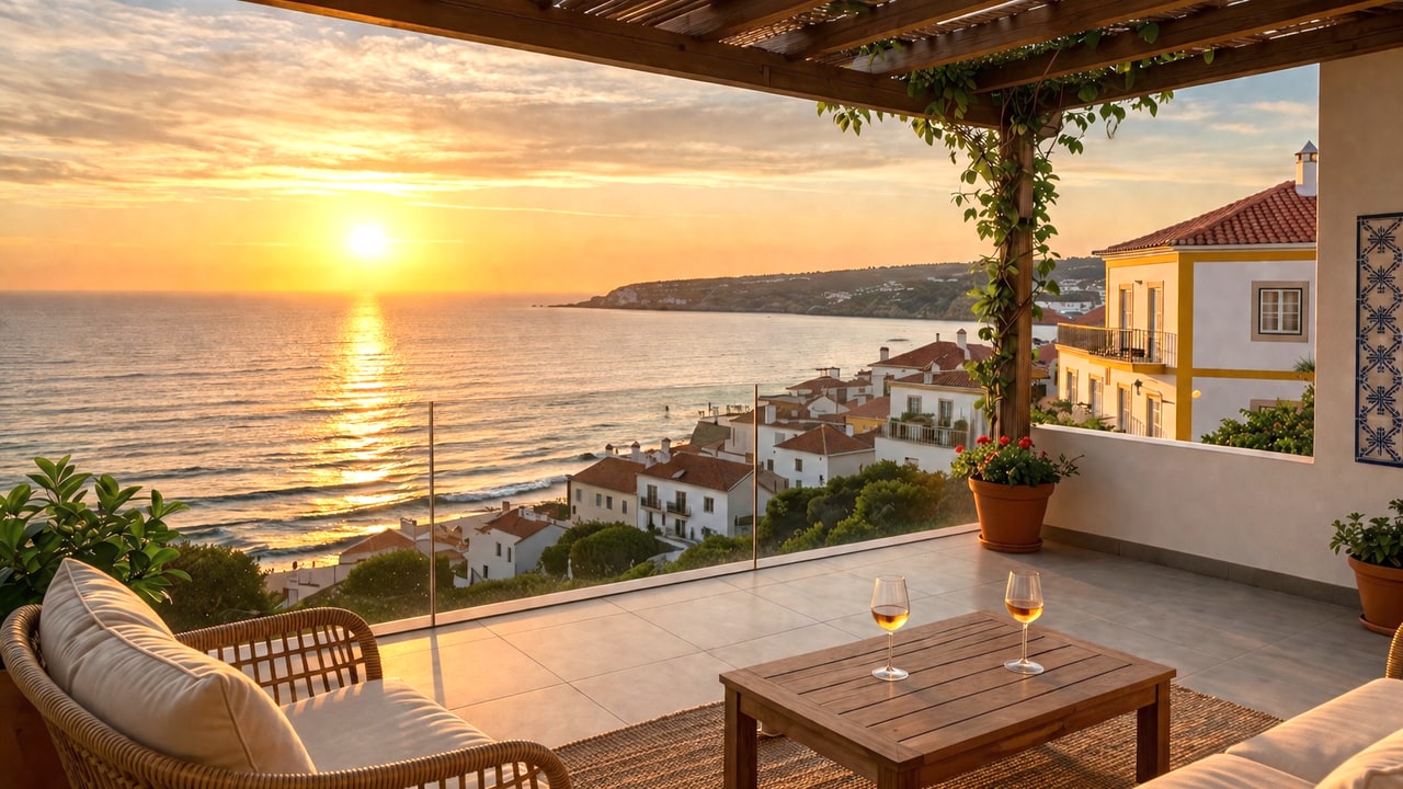 Terrace overlooking the Atlantic at golden hour, Portugal